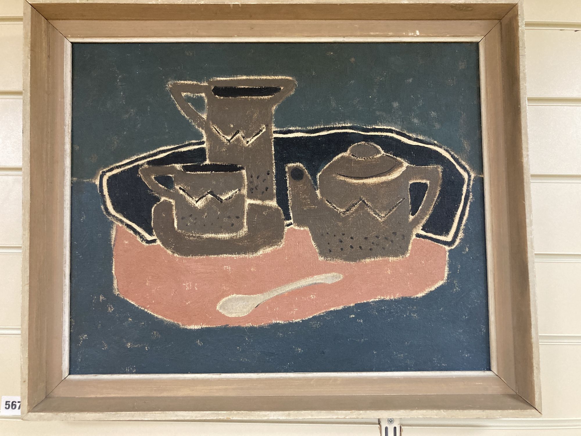 Modern British, oil on canvas, Still life of a teaset, tray and spoon, 40 x 50cm